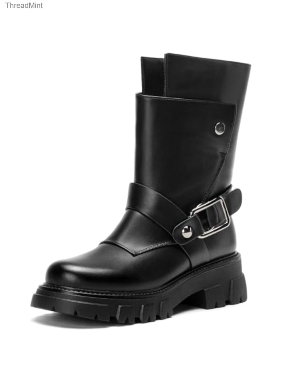 Faux Leather Motorcycle Ankle Boots Lug Sole Combat Boots with Zipper